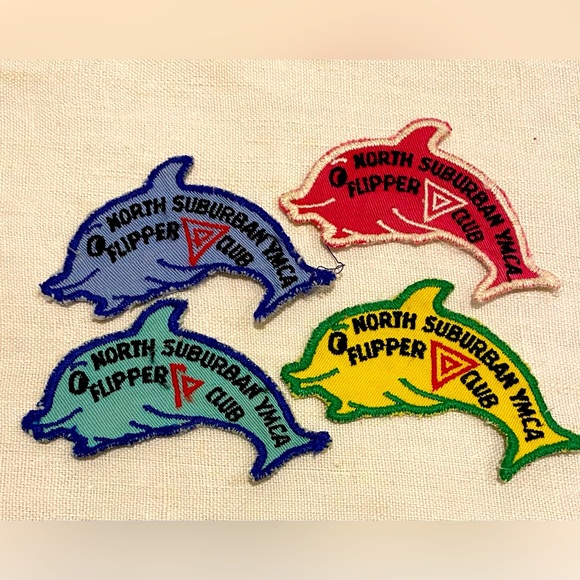 Vintage 4 YMCA swimming dolphin patches - sewing / mixed media - Picture 1 of 3
